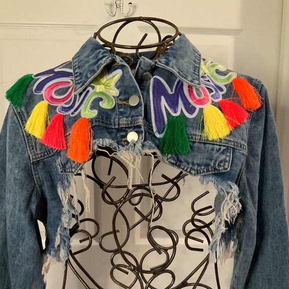 Music Embroidered Denim Tassel Multicolor Crop Jean Jacket Plus Size 3X - Picture 3 of 11